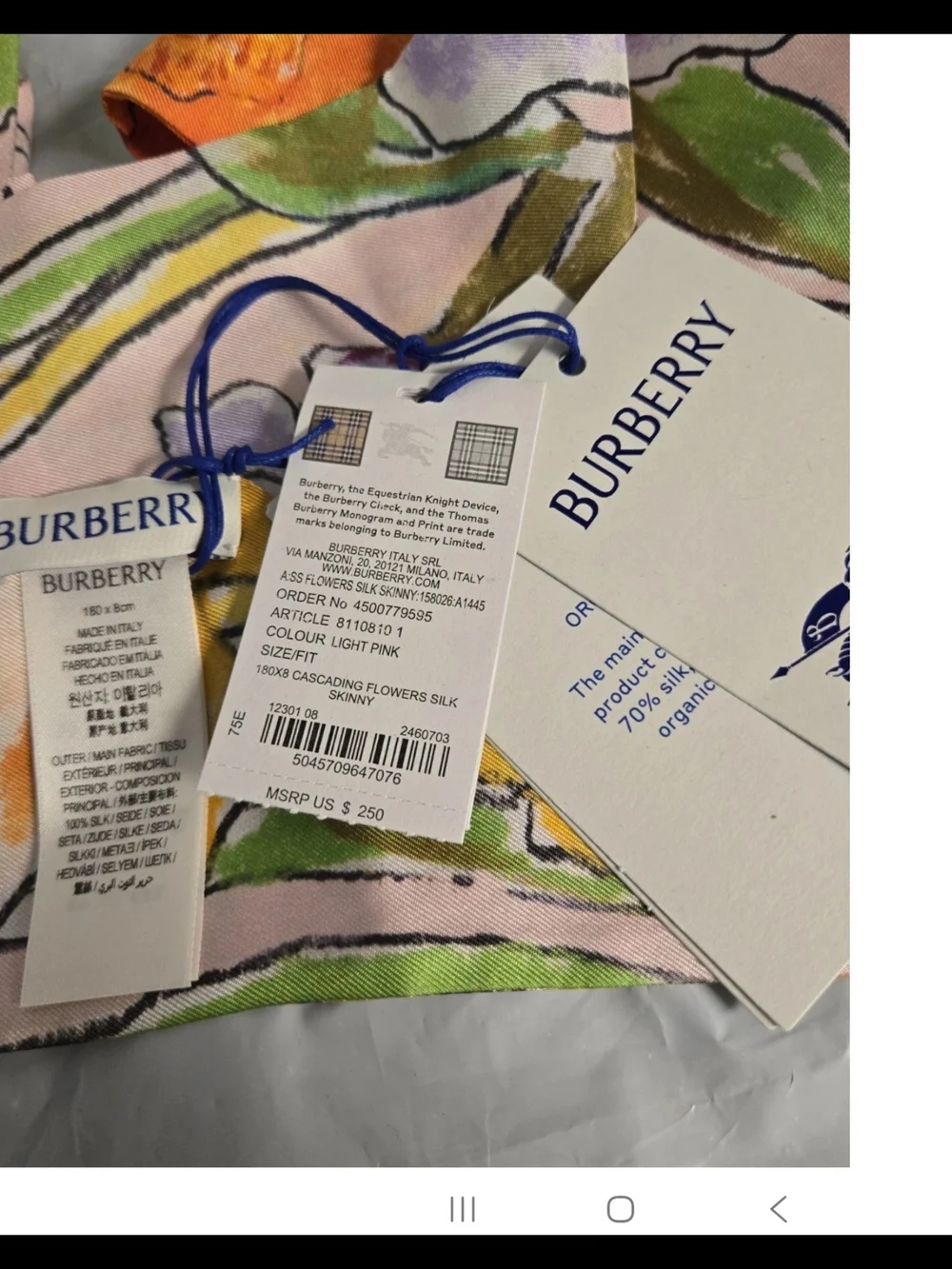 Burberry Skinny Silk Cascading Flowers Scarf Light Pink NWT